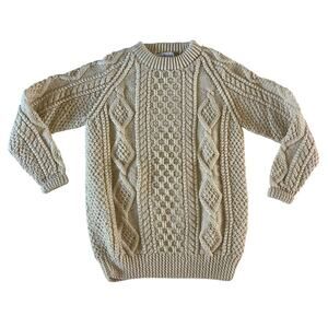 Vtg Cream 100% Wool Hand Cable Knit Pullover Sweater Sz L Irish Fisherman Heavy